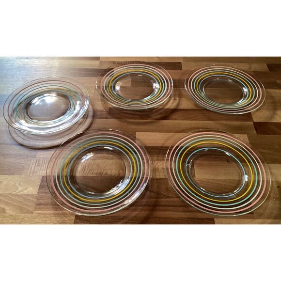 Vintage Anchor Hocking Painted Glass Striped Salad Plates Set Of 5 - Picture 6 of 9